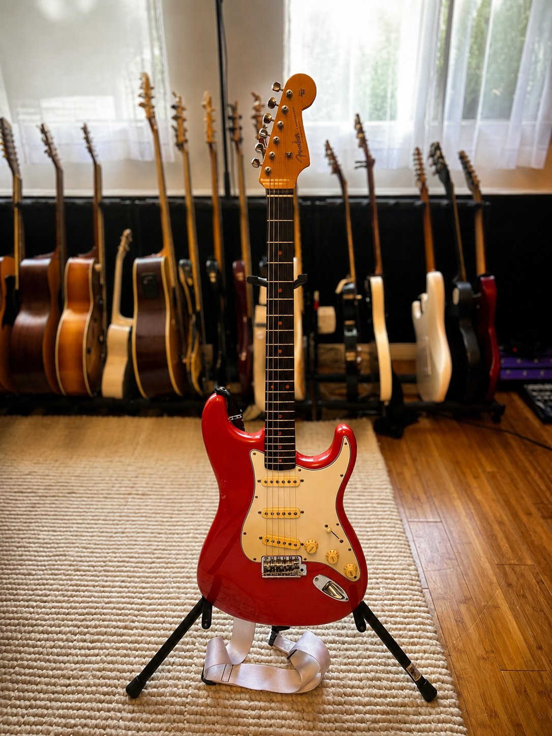 A red Fender Stratocaster electric guitar on a stand, with multiple acoustic and electric guitars hanging on the wall behind. Window with curtains is visible in the background.