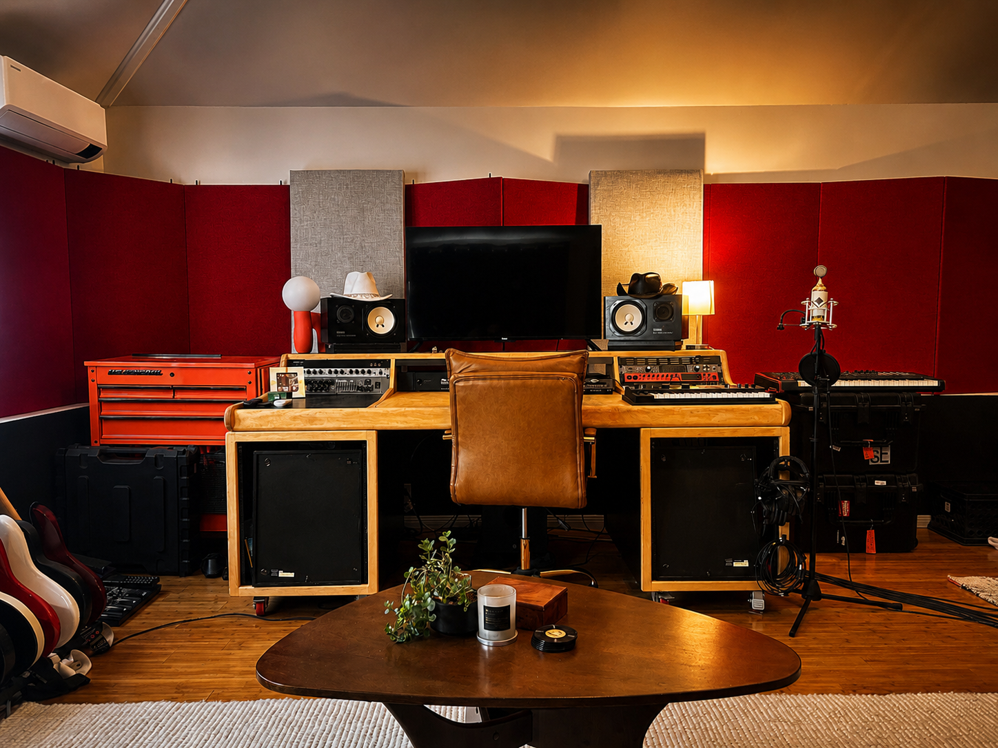 Music recording studio with a large wooden desk, black speakers, a television, and various musical equipment, including a keyboard, microphone, and headphones, against red and beige wall panels.