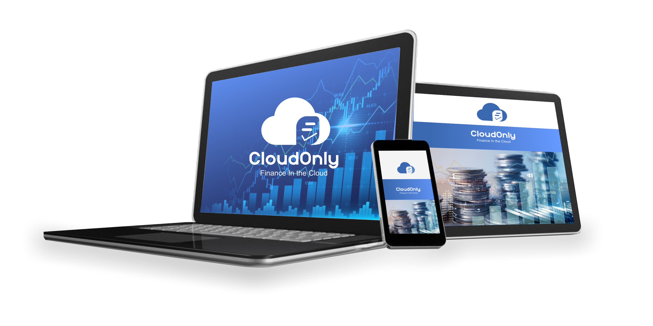 Multiple electronic devices displaying the CloudOnly logo and financial graphs, including a laptop, tablet, and smartphone.