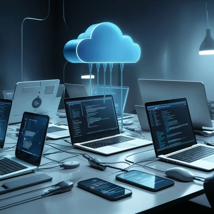 Multiple laptops and smartphones on a work desk with a digital cloud icon representing cloud computing or cloud storage.