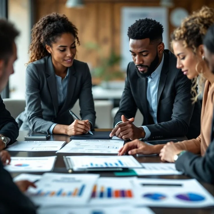 Business meeting with five diverse professionals sitting around a table, reviewing charts and documents.