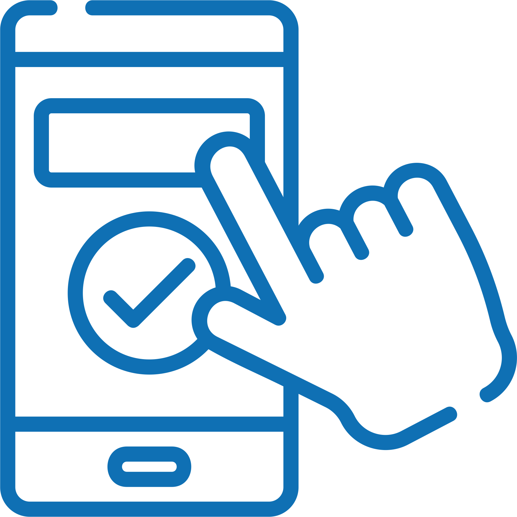 Outline illustration of a hand holding a smartphone with a wheelchair icon on the screen and a checkmark inside a circle on the hand.