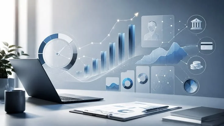 A modern workspace with a laptop, documents, and a plant, showing overlaid digital graphics of charts, graphs, and data icons indicating data analysis and financial growth.