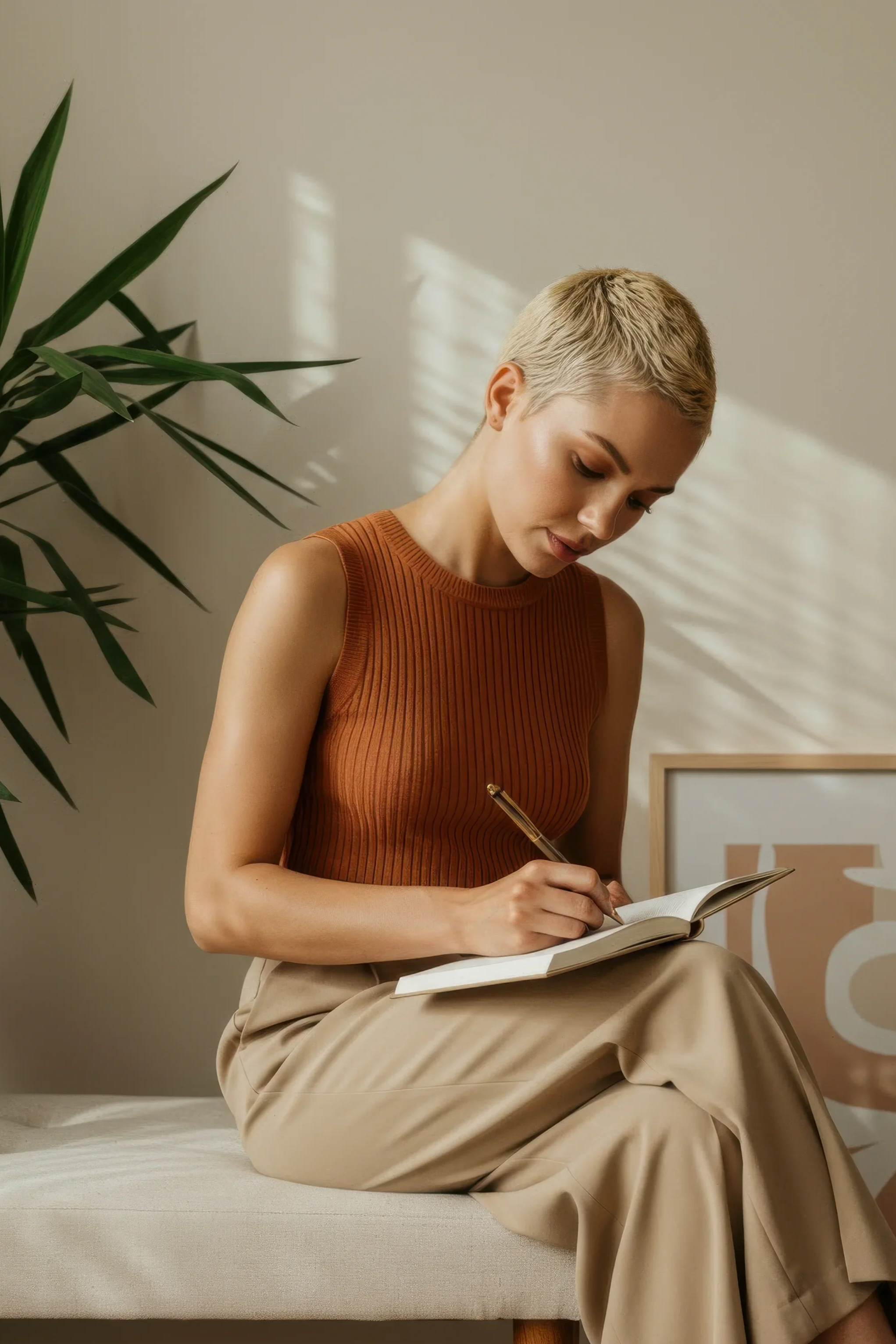 A woman with short blonde hair wearing an orange sleeveless top and beige wide-leg pants sitting on a beige ottoman, writing in a notebook. There is a large green plant on her left side and a framed artwork on the wall behind her.