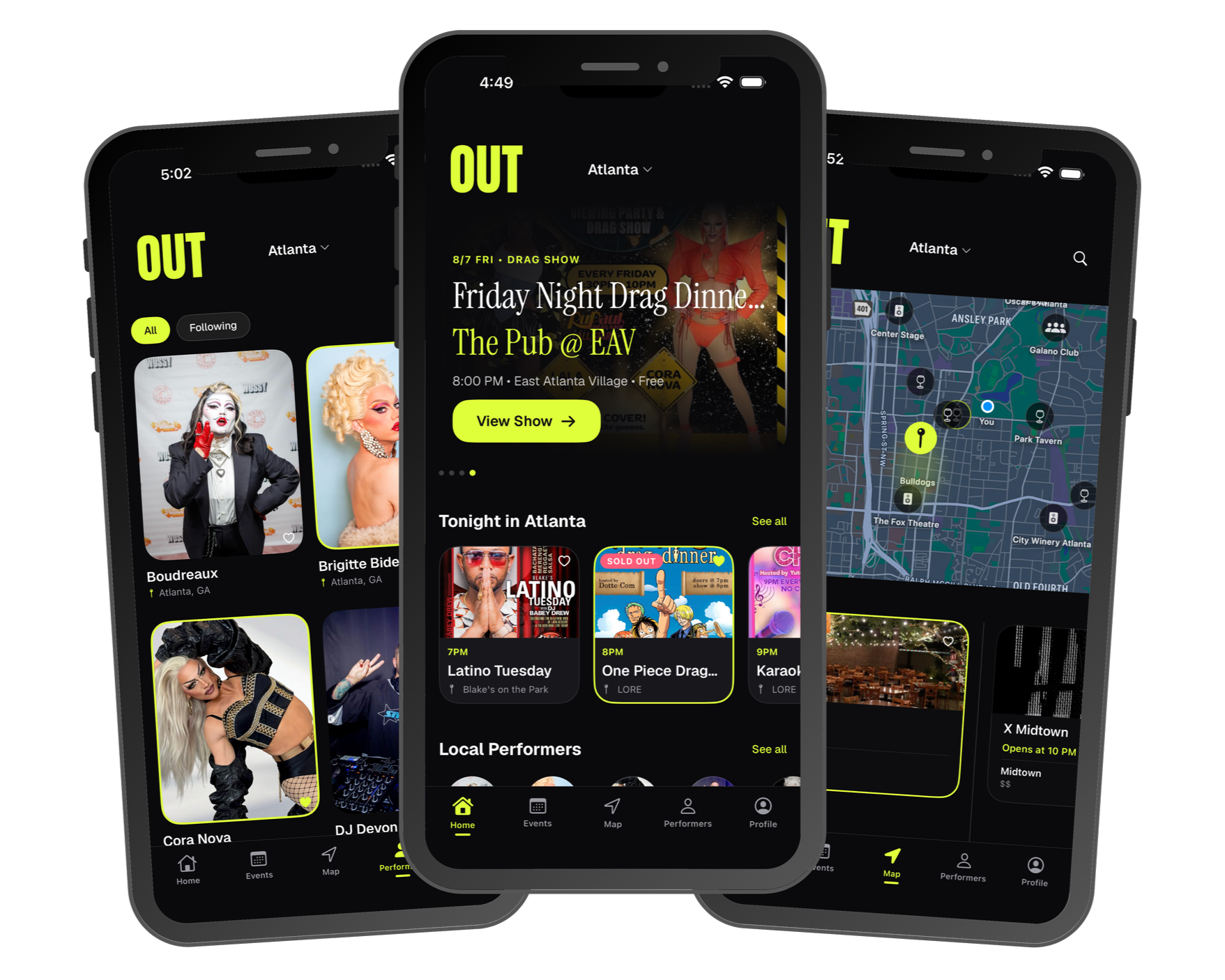 Three smartphones displaying an event app with dark backgrounds and neon yellow accents, featuring event listings, a map, and performer profiles for Atlanta.
