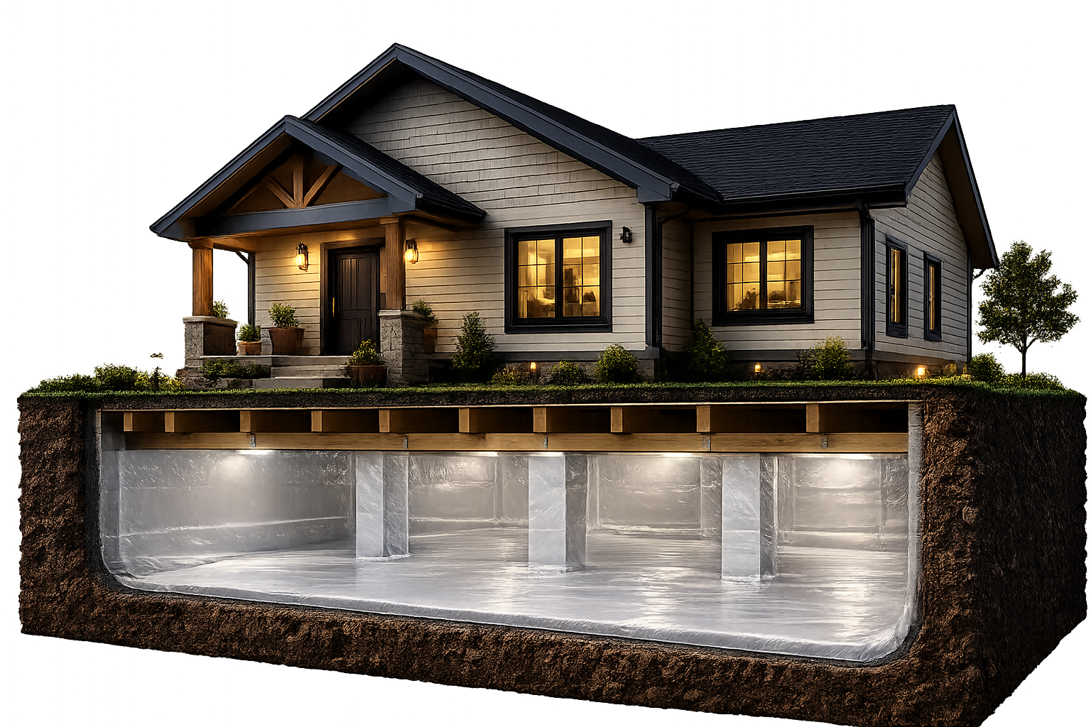 Cross-section illustration of a house showing a complete underground basement with insulation and foundation.