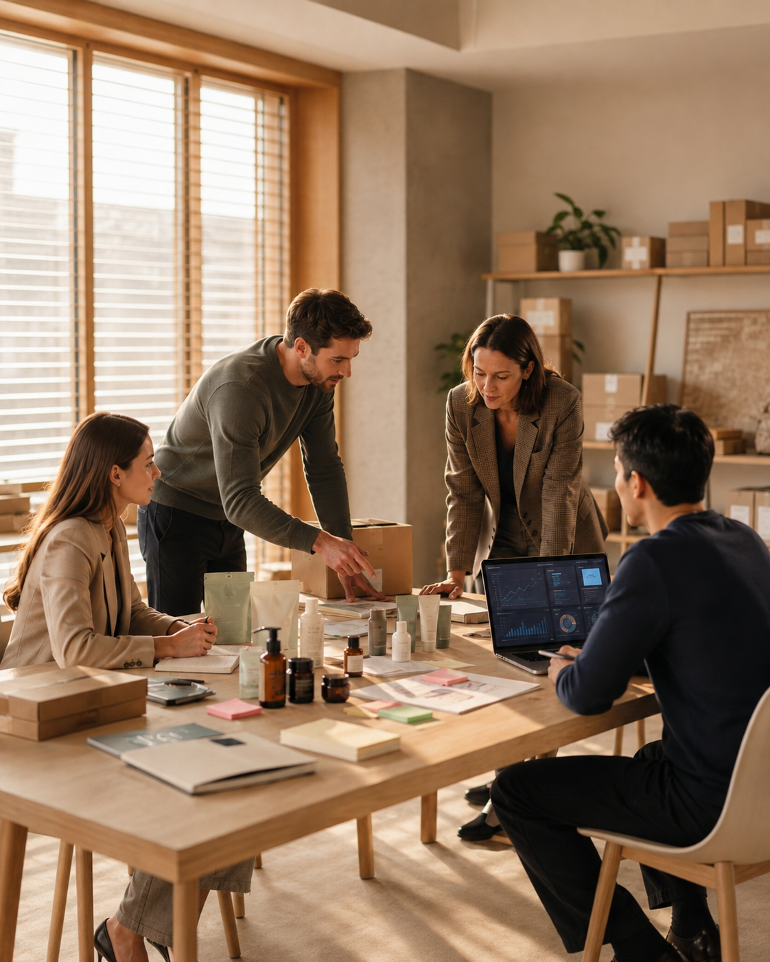 A group of five professionals discussing product samples and data during a meeting in a bright office room.