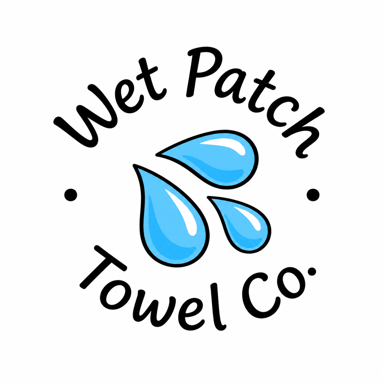 Logo for Wet Patch Towel Co. featuring three blue water droplets and the text 'Wet Patch' above and 'Towel Co.' below in black font.