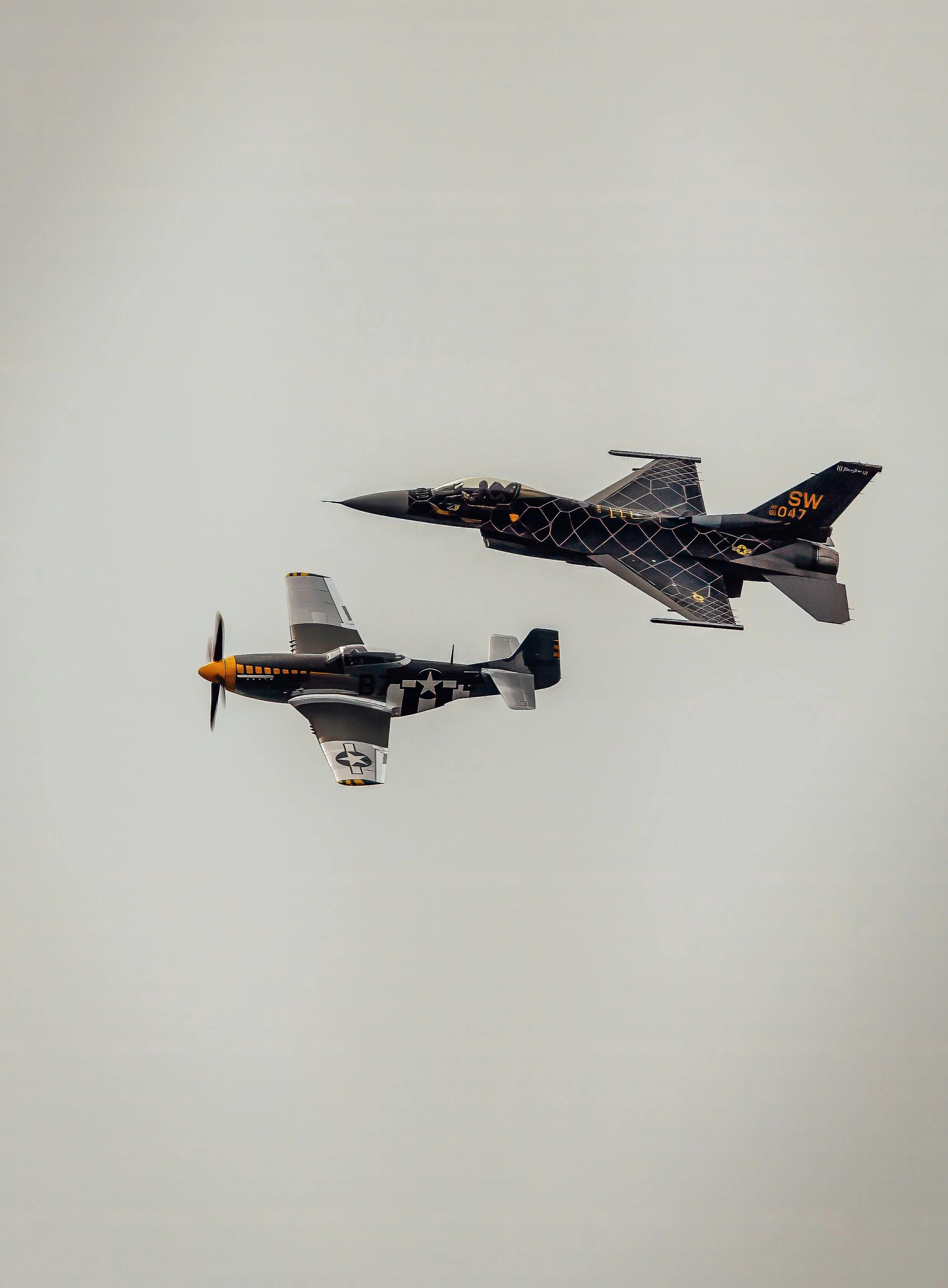 Two fighter jets flying in formation against a cloudy sky. The jet on the top is black with a web pattern design, and the jet below is painted with a grey and yellow USA military insignia.