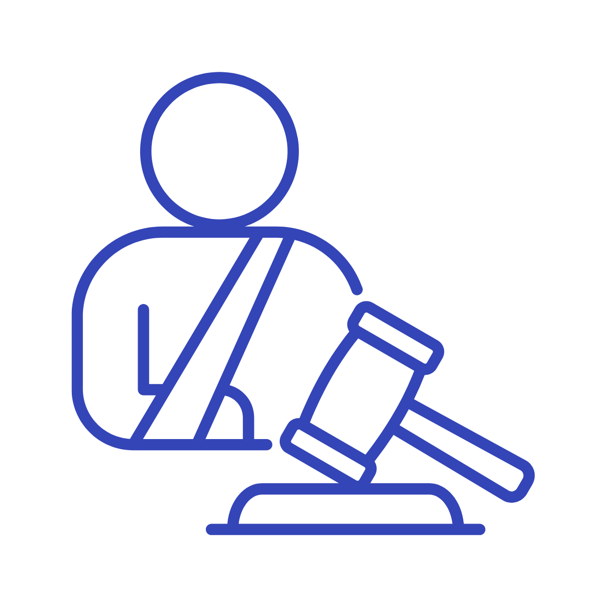 Line drawing of a person with a shoulder strap looking at a desk with a gavel.