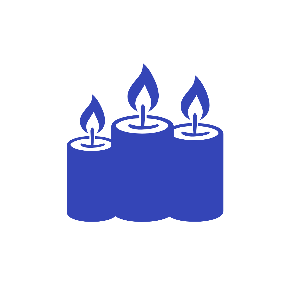 Simple graphic illustration of three blue candles with flames.