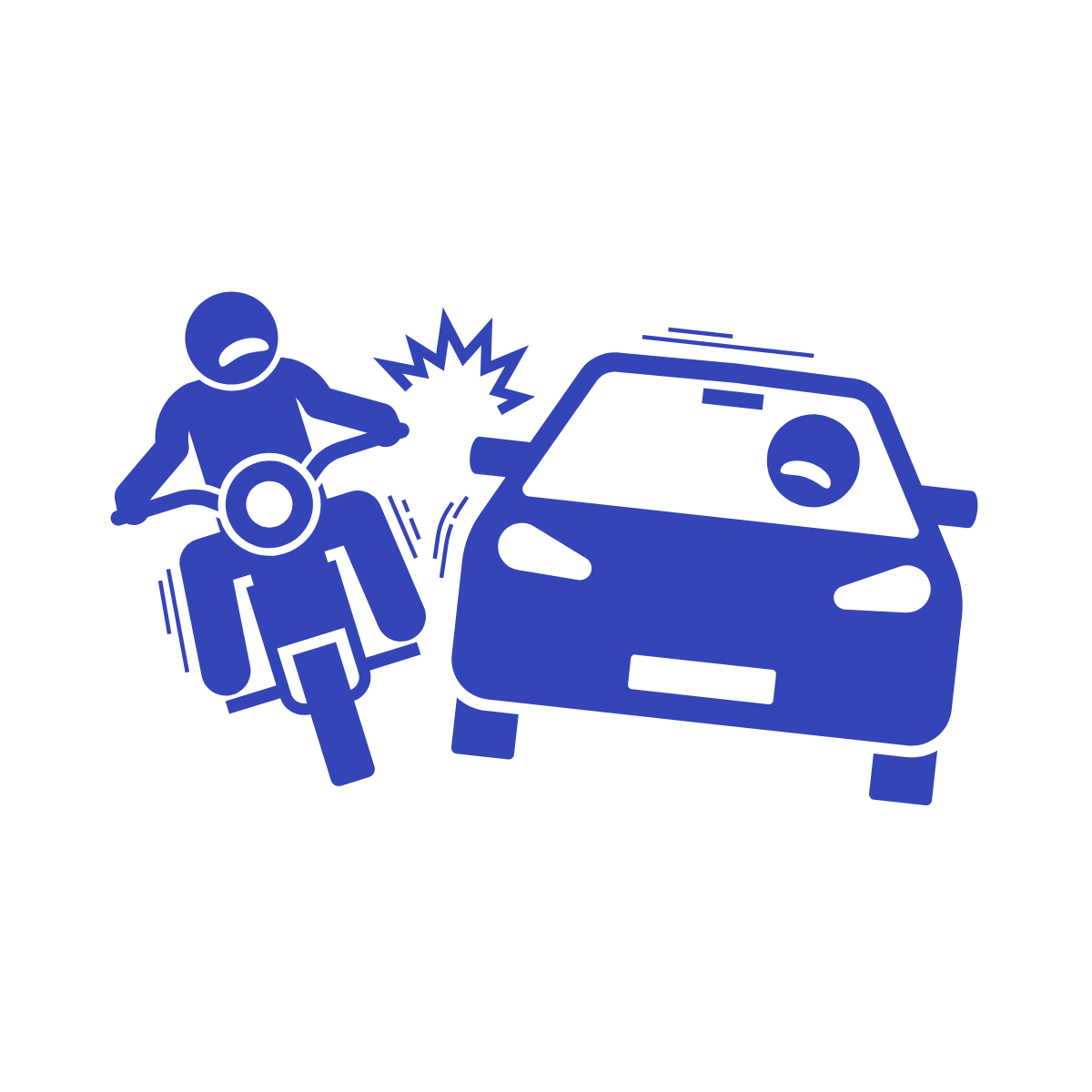 Illustration of a motorcyclist hitting a car, causing a collision.