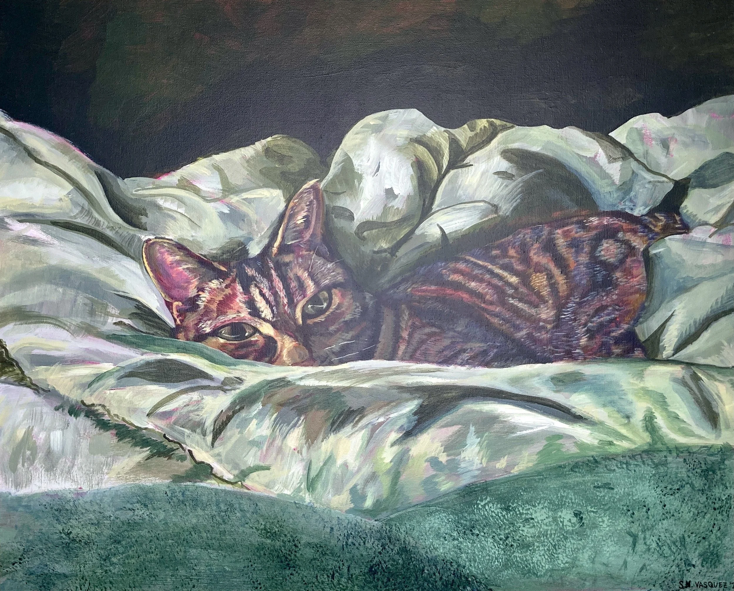A painting of a tabby cat lying on a bed with crumpled white sheets, with a dark green background. The cat is looking towards the viewer with partly closed eyes, in the middle of a slow blink.