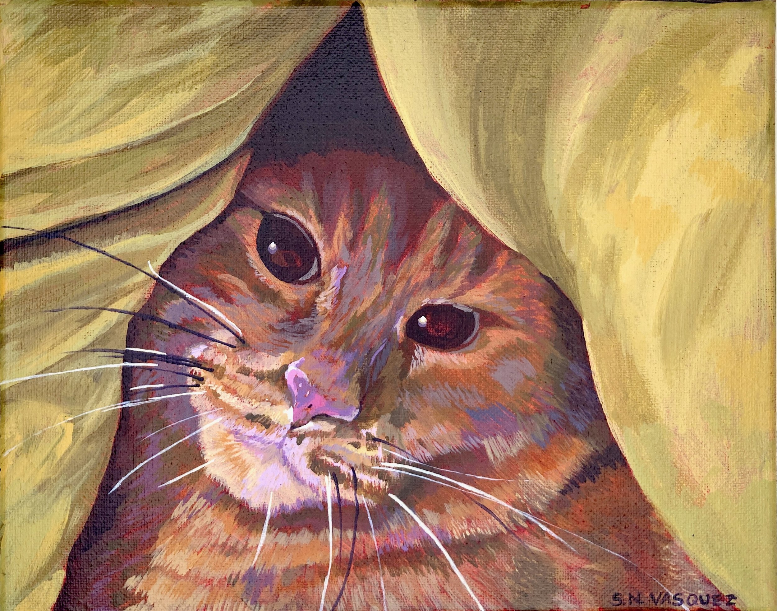 Close-up of an orange tabby cat's face with yellow background, painted in an artistic style.