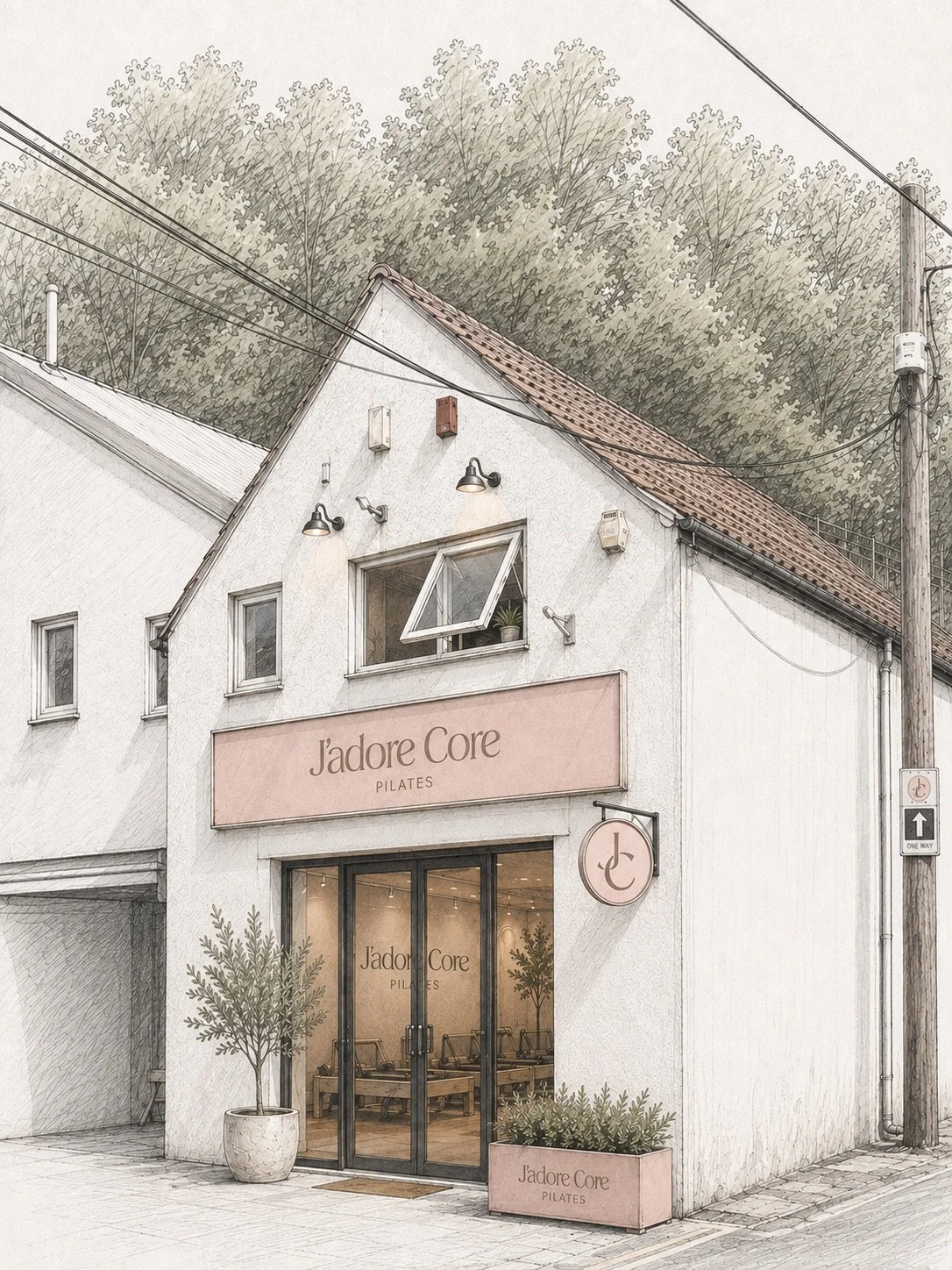Exterior of a Pilates studio named J'adore Core with a pink sign, glass door, potted plants, and a sign hanging on the wall. The building has a sloped roof and windows, with trees and utility poles in the background.