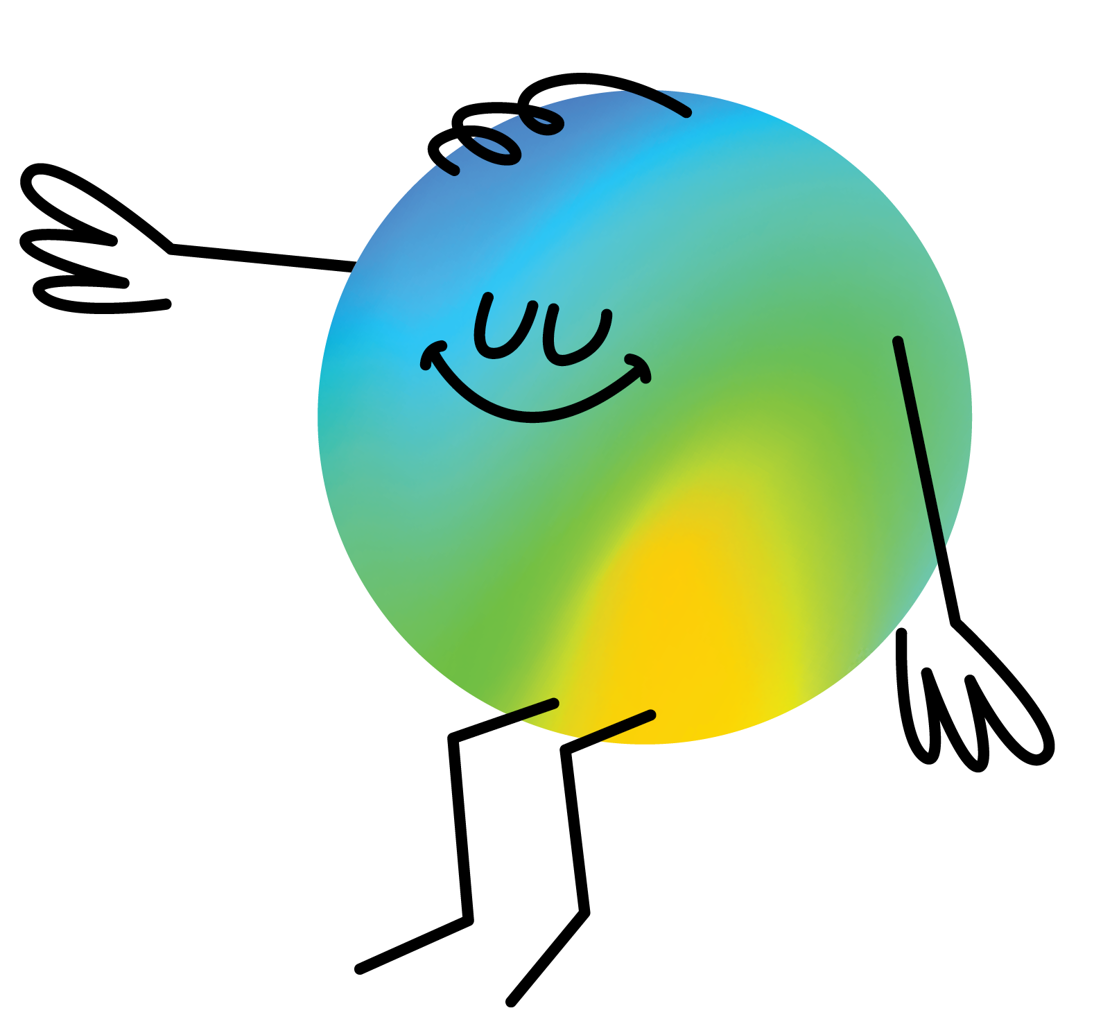 A cartoon figure with a round, colorful body featuring a gradient of blue, green, and yellow. The figure has simple black line arms and legs, a smiling face, and is waving with one hand.