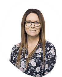 A woman with long brown hair, glasses, wearing a floral blouse, smiling against a white circular background.