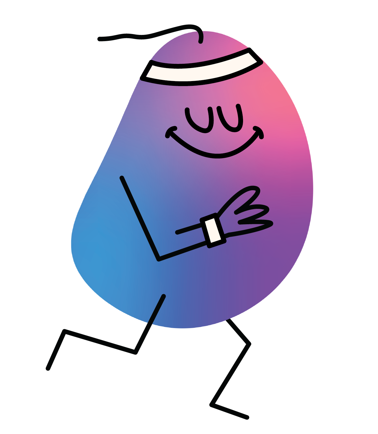 Cartoon illustration of a smiling person with pink and blue gradient skin, wearing sunglasses and a wristwatch, giving a peace sign with their hand.