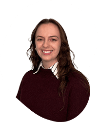 A young woman with long brown hair wearing a maroon sweater and white collared shirt, smiling against a white circular background.