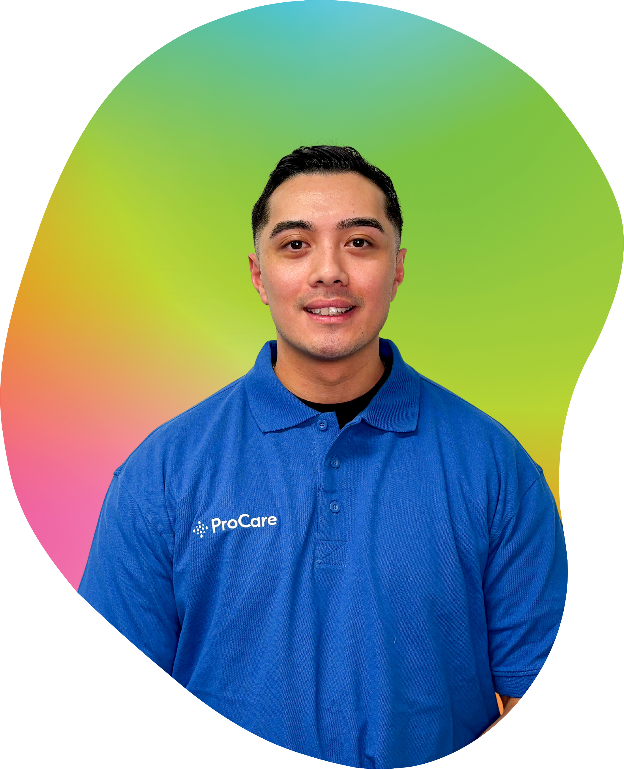 A young man with short black hair, wearing a blue polo shirt with a 'ProCare' logo, stands in front of a colorful, gradient background.