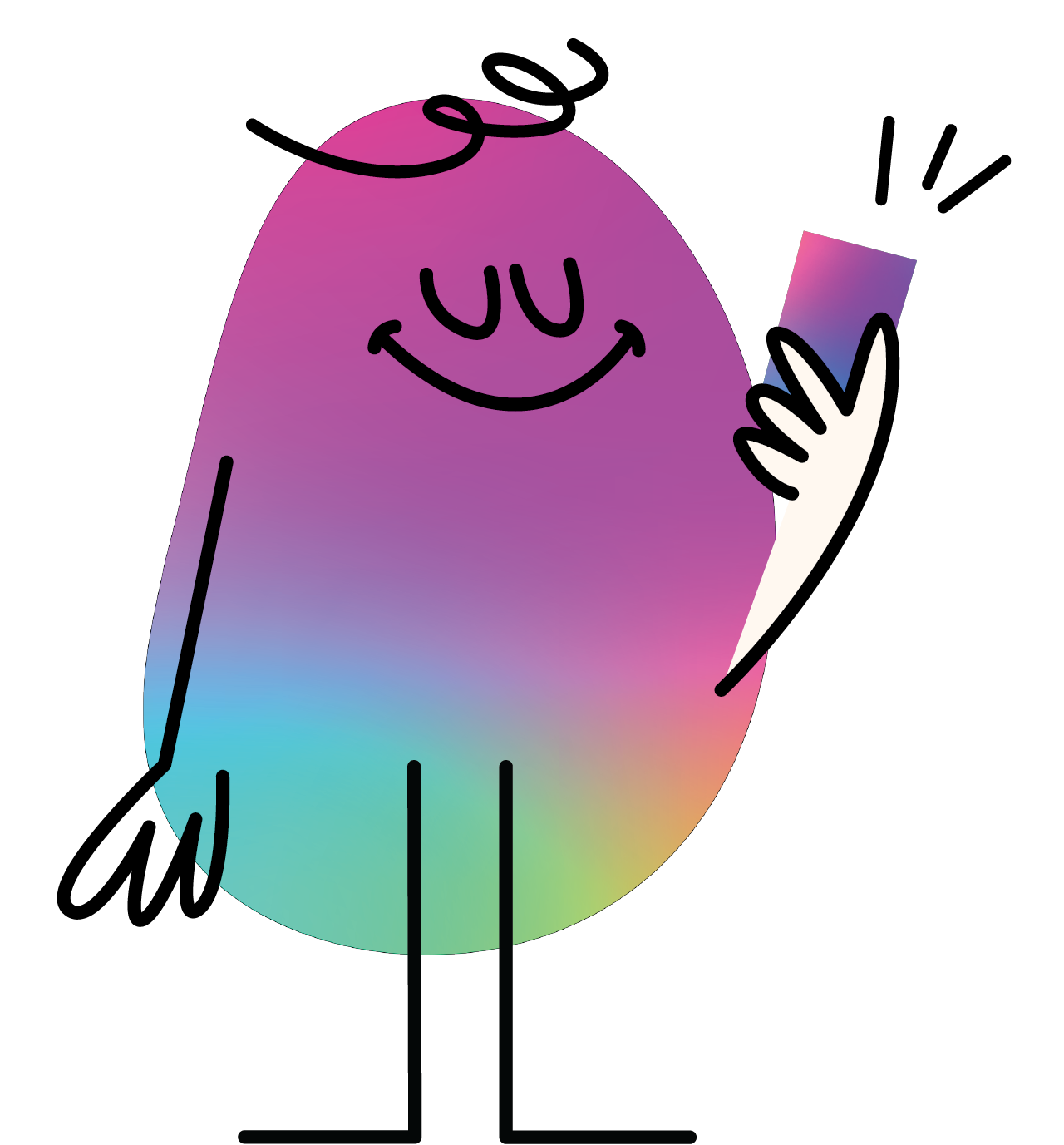 Colorful cartoon character with a smiley face holding a smartphone, taking a selfie, with a gradient rainbow body and white arms.