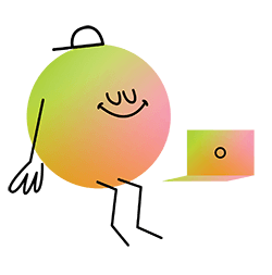 A colorful, cartoon-style ball with a smiley face, holding a smaller rectangular object with a similar gradient color.