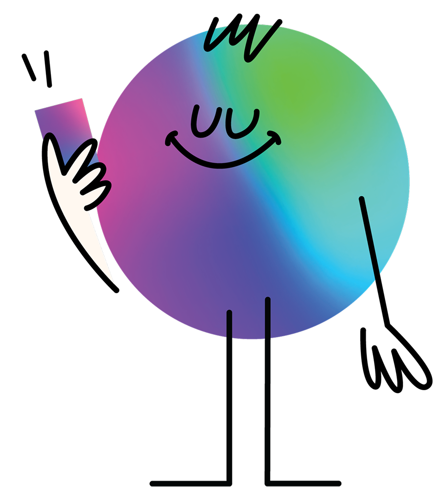 A colorful, round cartoon face with a smiling expression, closed eyes, and raised eyebrows holding a book in one hand, drawn with bold black outlines against a black background.