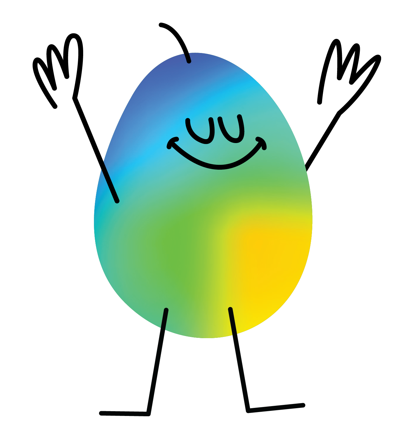 A colorful, cartoon-style egg character with a smiling face, arms raised, and stick legs.