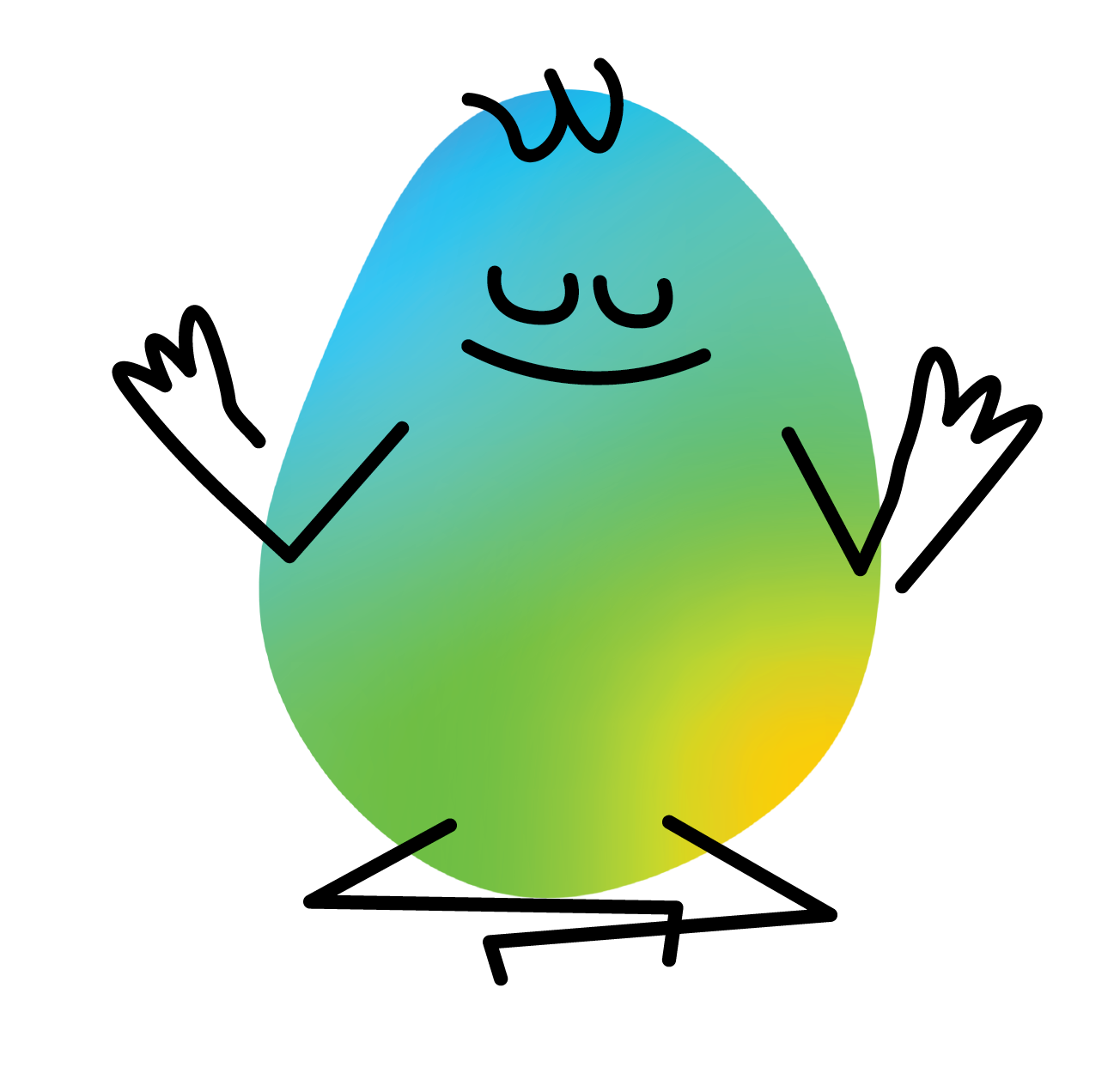 Simple illustration of a smiling, colorful, abstract character with closed eyes, surrounded by a rainbow gradient background.