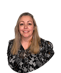 A woman with shoulder-length blond hair smiling, wearing a black and white floral top, against a white background with a black circular border.