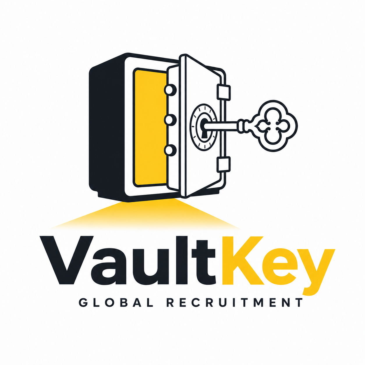 Logo of VaultKey, a vault with a key entering its lock and the words 'VaultKey' with 'Global Recruitment' underneath.