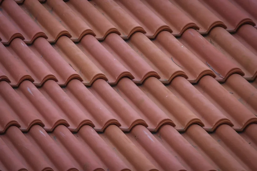 Close-up of red clay roof tiles arranged in staggered rows.