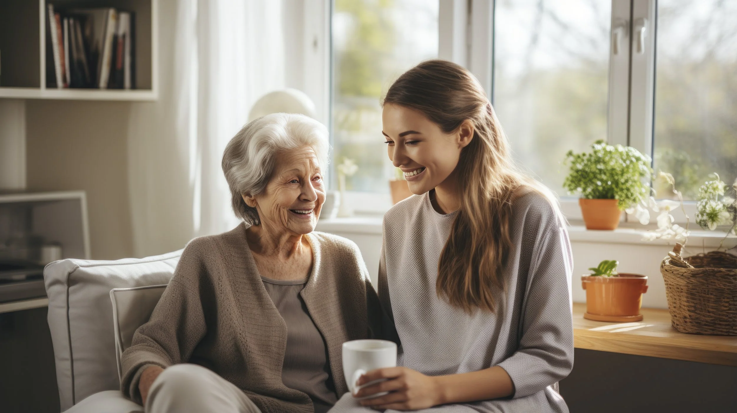 An elderly woman and a young woman smiling at each other indoors near a window with natural light and houseplants.