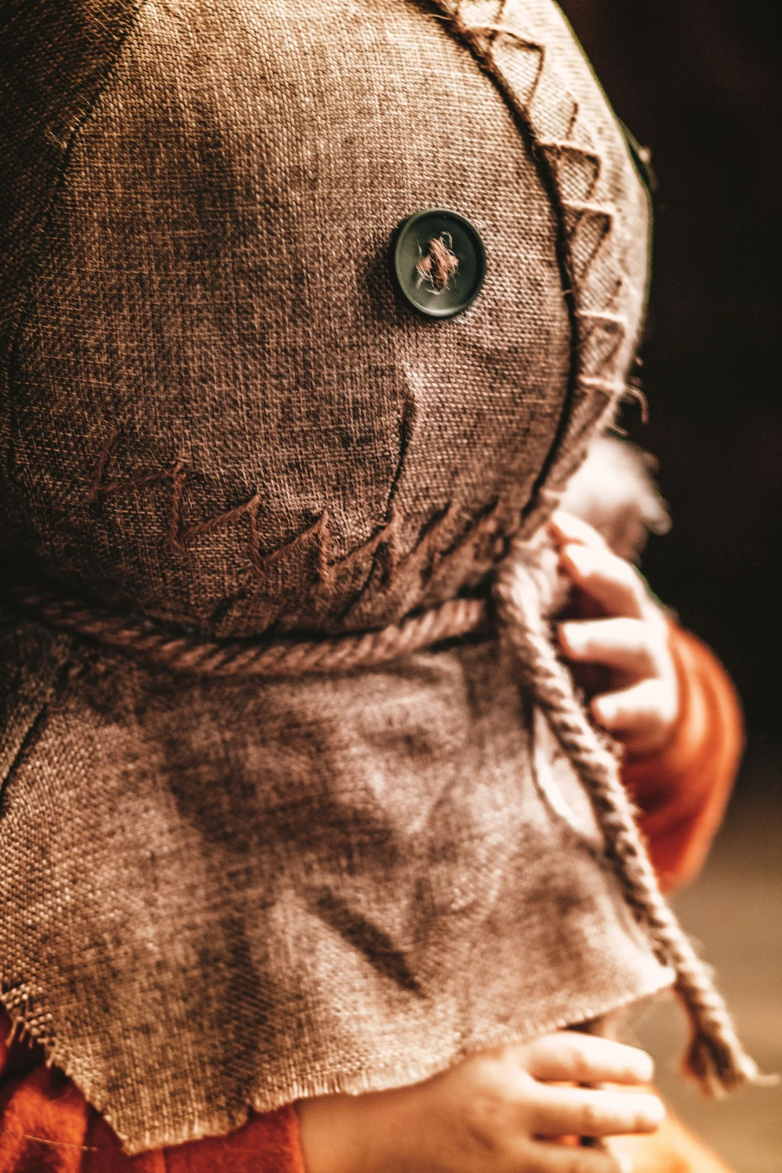 Close-up of a brown fabric jacket with a black button and a small fly on it, worn by a person with a hand adjusting the sleeve.