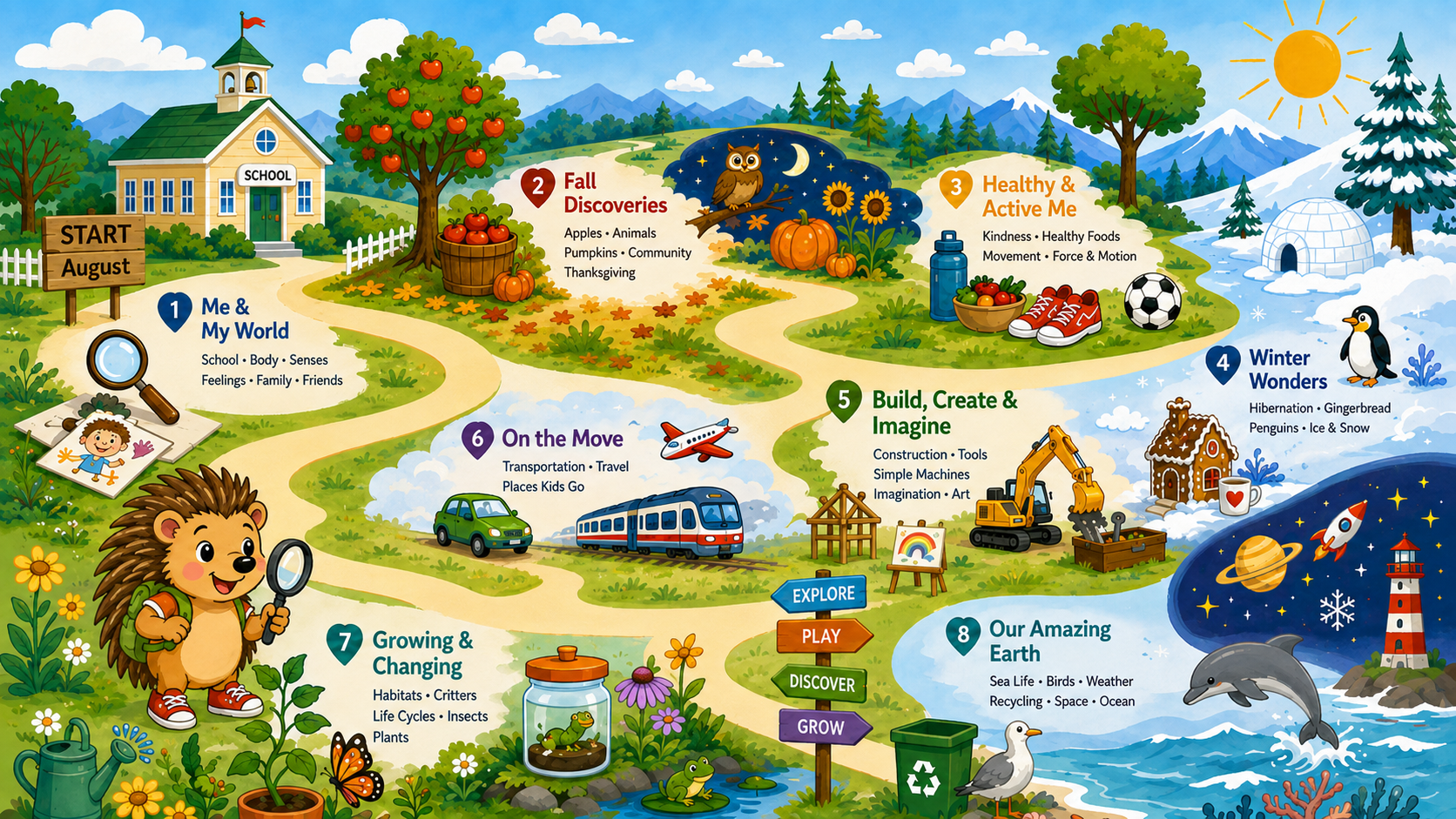 A colorful illustrated map of a children's educational journey through August, featuring themes like exploration, discovery, and learning about nature, transportation, and the environment with icons such as a school, trees, animals, and various activities.