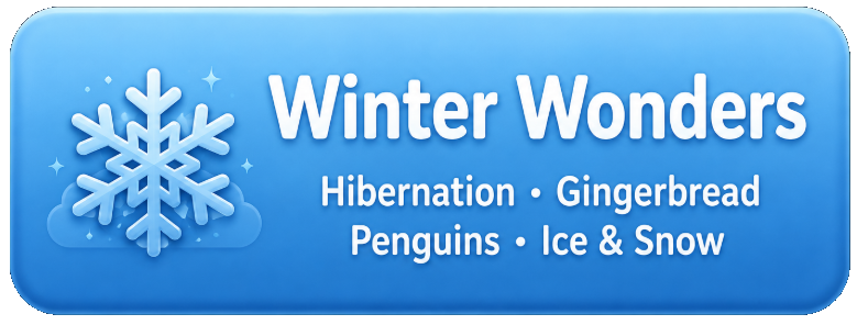 Blue promotional banner with a snowflake graphic and white text that says "Winter Wonders" and lists activities like hibernation, gingerbread, penguins, ice, and snow.