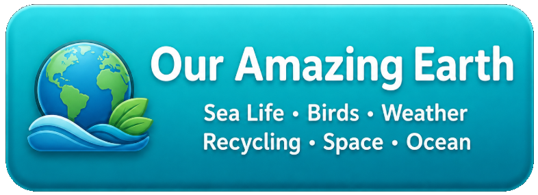 A promotional banner for 'Our Amazing Earth' featuring an illustration of the Earth, ocean waves, and leaves, with text about sea life, birds, weather, recycling, space, and ocean.