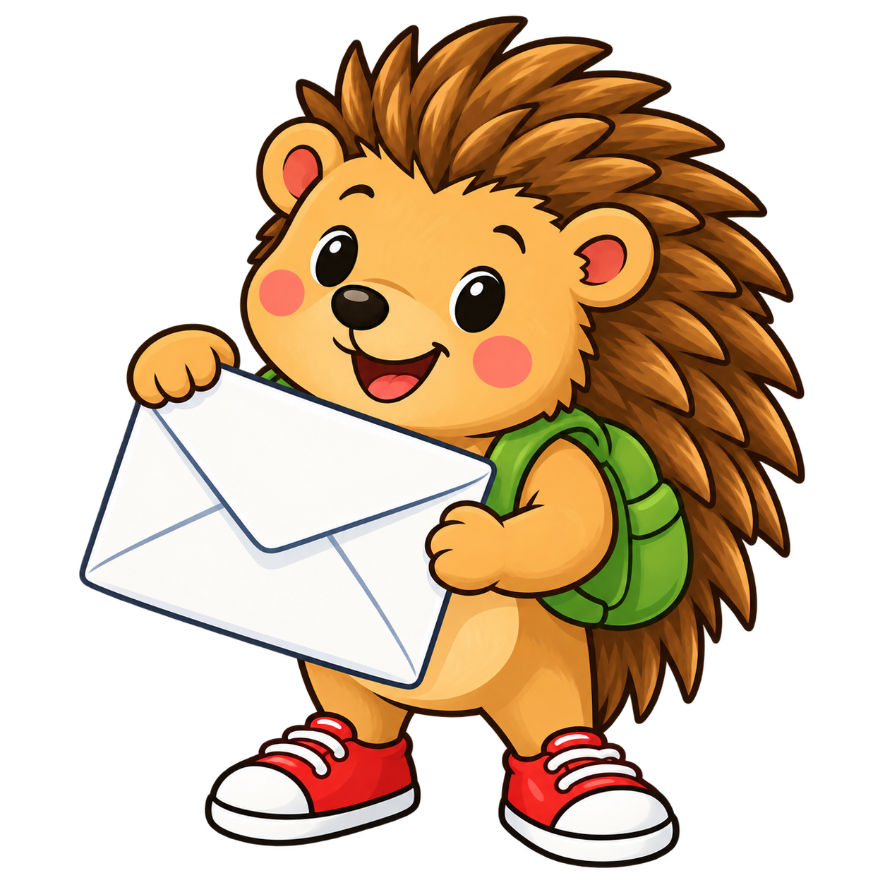 A cartoon porcupine with a green backpack holding a white envelope and wearing red sneakers.