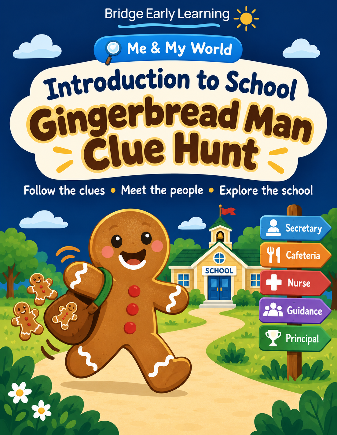 A colorful children's educational book cover titled 'Introduction to School Gingerbread Man Clue Hunt,' showing a smiling gingerbread man carrying a bag of smaller gingerbread cookies, with a school building in the background and a directional sign pointing to various school staff such as secretary, cafeteria, nurse, guidance, and principal. The scene includes trees, clouds, and a sunny sky.