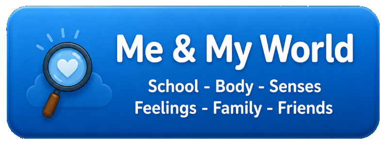 Blue sign with magnifying glass icon and white text reading "Me & My World" and "School - Body - Senses - Feelings - Family - Friends".