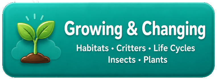 Sign promoting growing and changing, featuring a sprouting plant with two green leaves, and listing habitats, critters, life cycles, insects, and plants.