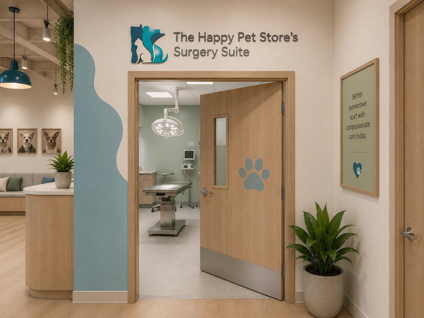 View of the entrance to The Happy Pet Store's Surgery Suite, with a wooden door featuring a blue paw print decal. Inside the surgery room, there is medical equipment and a surgical light. To the left, there is a seating area with framed pet portraits on the wall. The decor includes green plants and a sign on the right wall with an inspirational message.