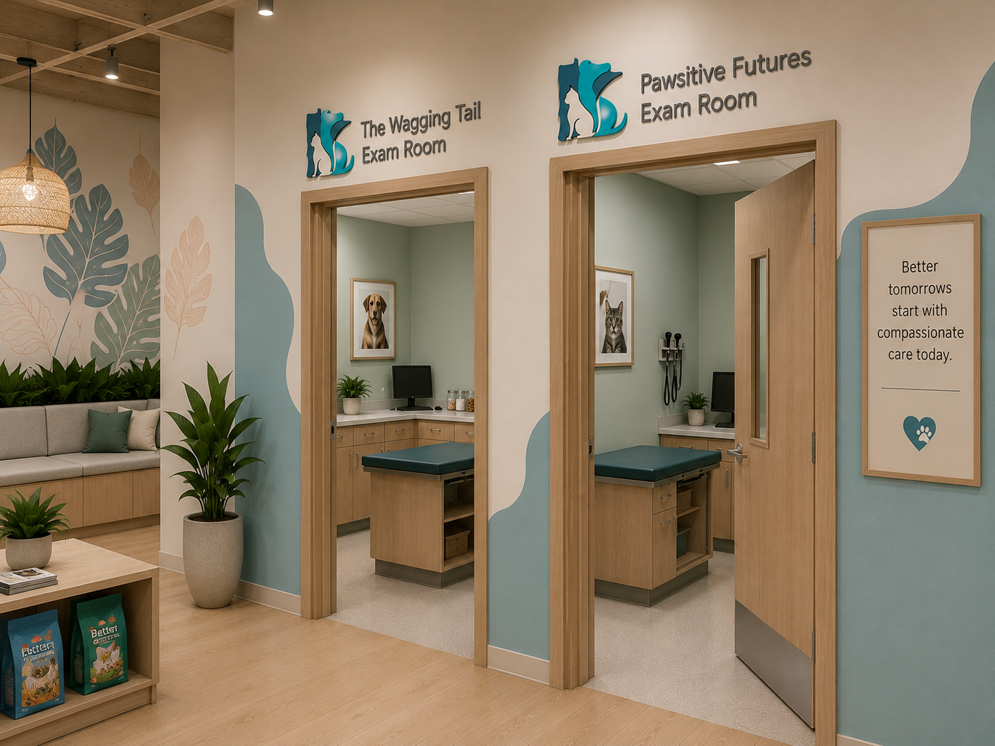 Veterinary clinic with two exam rooms labeled 'The Wagging Tail' and 'Pawsitive Futures'. Each room has a veterinary examination table, desk with computer, and framed animal portraits. Waiting area has a bench, plants, and pet food displays. Decor features a nature-inspired theme with plants and leaves on the wall, and motivational signs about compassionate care.