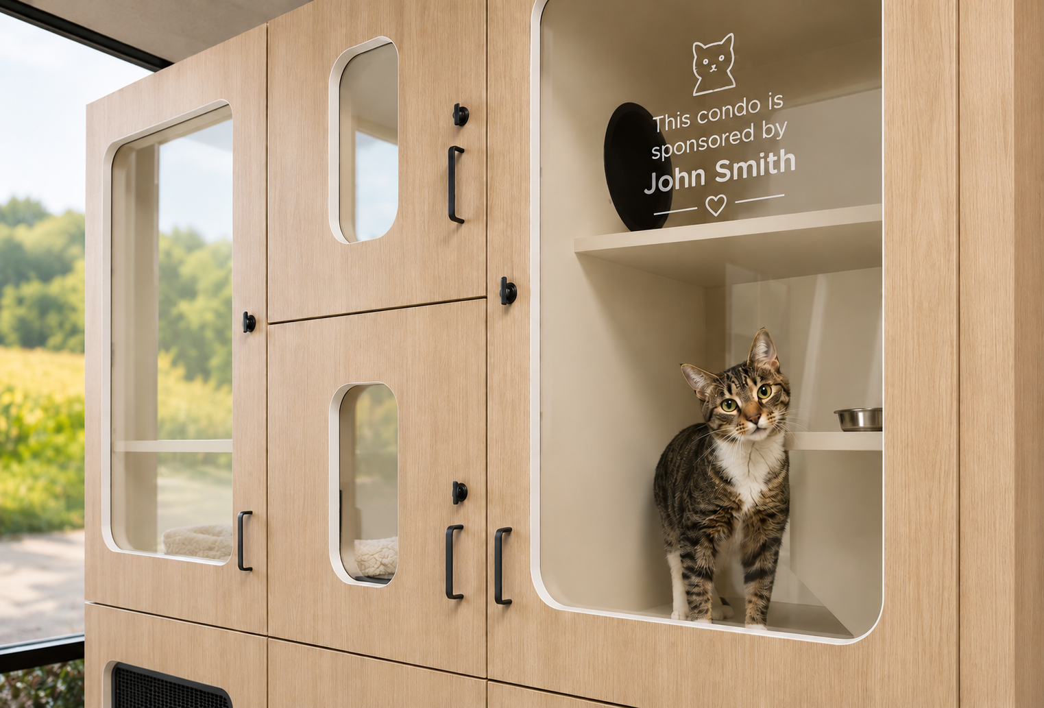 A cat in a cream-colored, wooden pet condo with black handles and glass windows. The condo has a sign that says, 'This condo is sponsored by John Smith,' with a paw print icon, a cat silhouette, and a heart.