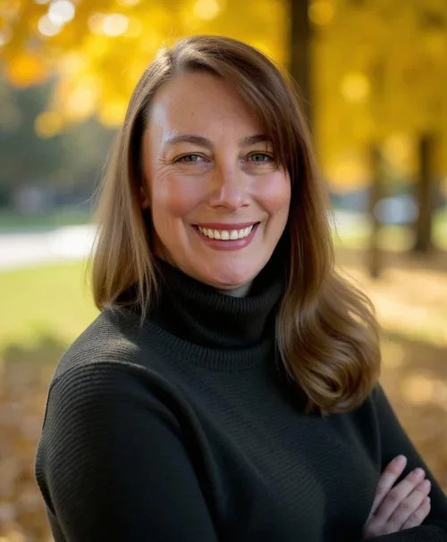 A woman with long brown hair smiling outdoors in front of yellow autumn trees.