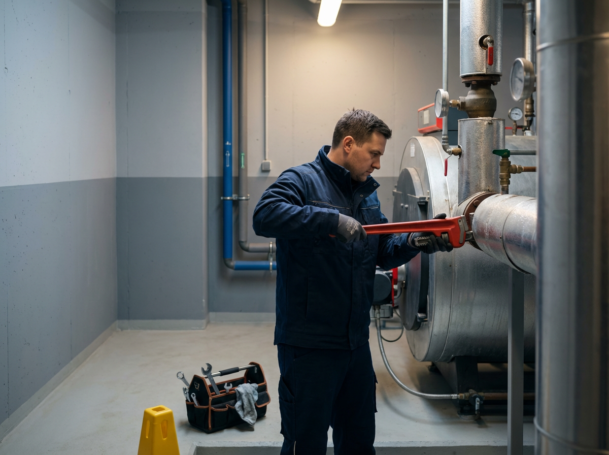 A technician in a dark blue uniform working on large industrial pipes and equipment in a mechanical room.