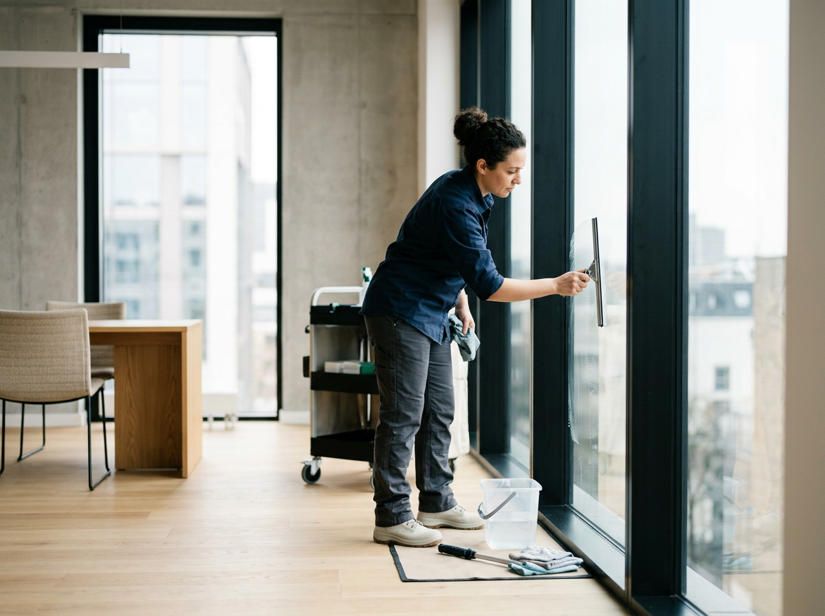 A woman cleaning a large glass window with a squeegee in an office or modern building with large windows and wooden flooring.
