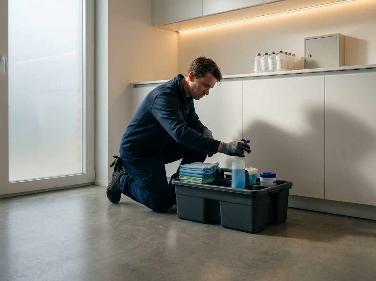 A man kneeling on the floor cleaning with various cleaning supplies organized in a black storage container.