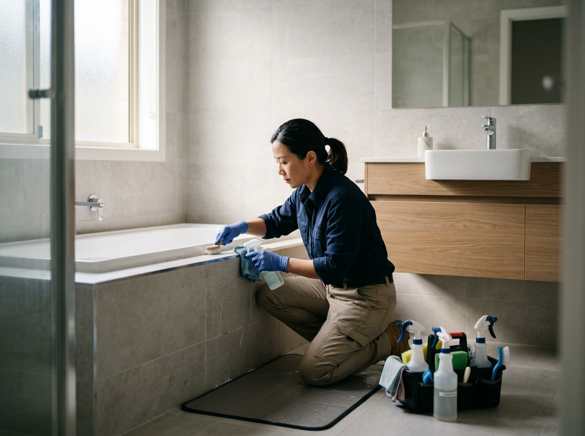 Woman in blue shirt and beige pants cleaning bathtub in a modern bathroom with cleaning supplies nearby.