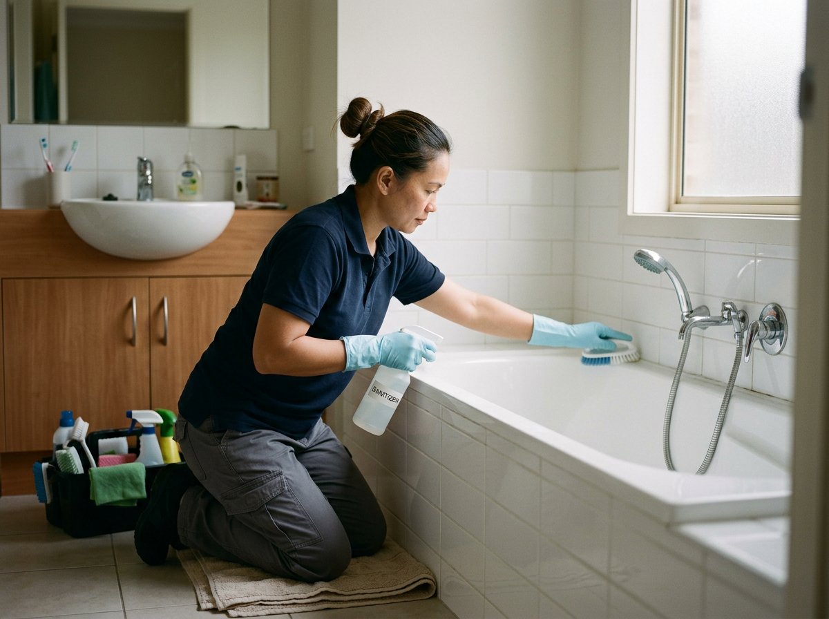 A woman cleaning a bathtub in a bathroom, wearing gloves and kneeling on a towel, with cleaning supplies nearby.